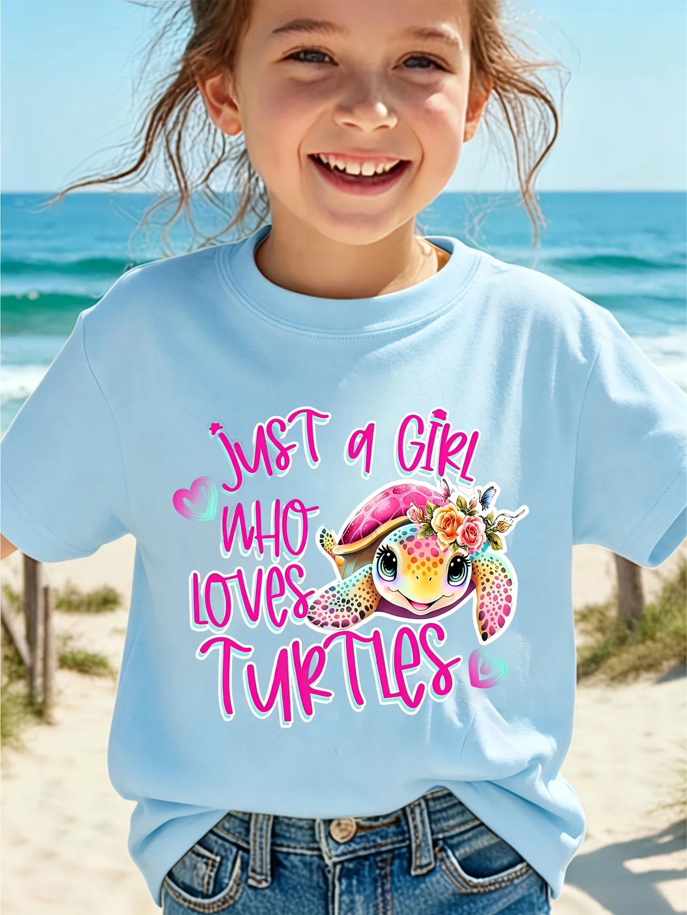 **Just A Girl Who Loves Turtles Kids Tee Cute Sea Turtle Boys Girls Short Sleeve Family Matching Ocean Animal Cotton Tops**