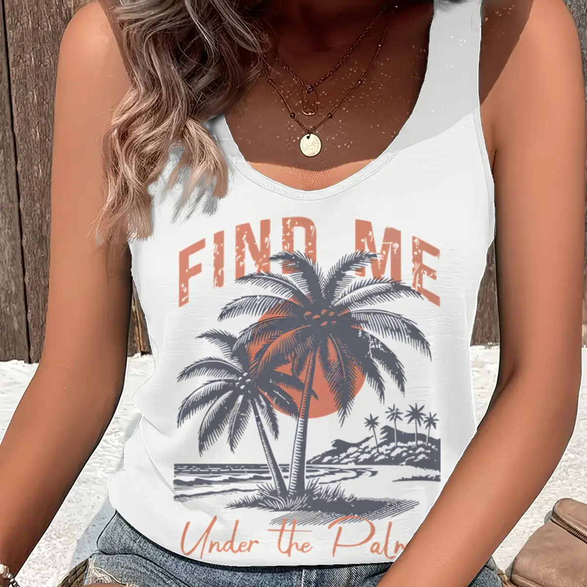 Women Vintage Find Me Under The Palms Graphic Racerback Tank Top Summer Vacation Retro Beach Sunset Sleeveless Basic-Fit Vest