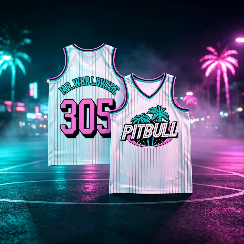 Neues Pitbull Mr Worldwide Weißes Nadelstreifen-Basketballtrikot mit Palmenmuster, atmungsaktives Hip-Hop-Fan-Tanktop, Familien-Kinder-T-Shirts – Detail 2