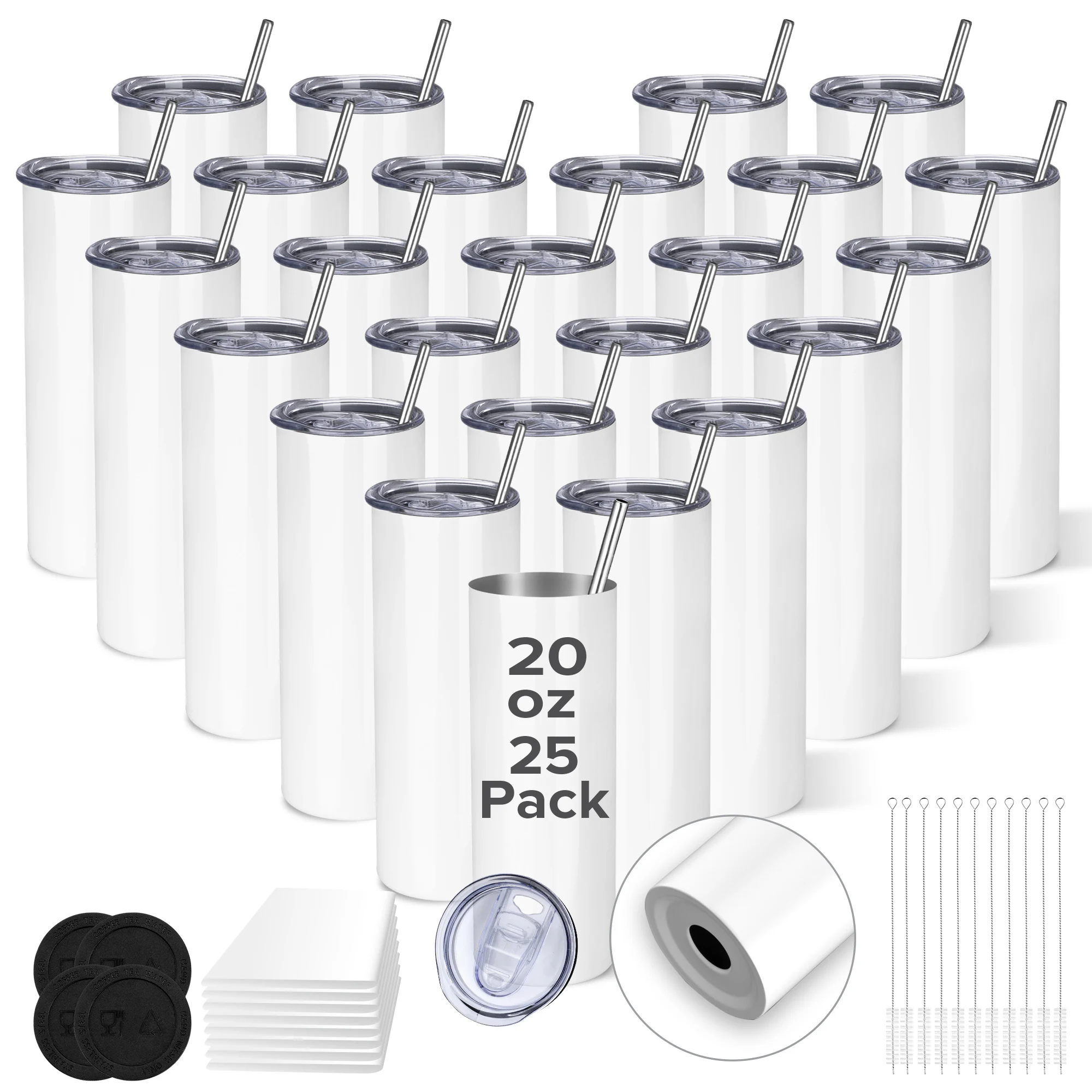 

Тонкий сублимационный стакан с плоским краем, 25 упаковок, 20 унций, изолированная чашка из нержавеющей стали с крышкой и соломинкой для стакана, пресс-машина, подарок «сделай сам»