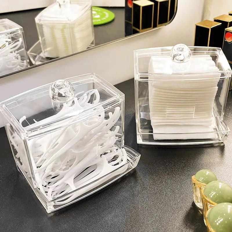

2 Pcs Household Cotton Swab Storage Tank, Acrylic Square Bamboo Cover Storage Box, Suitable for Bathroom, Bedroom, Transparent