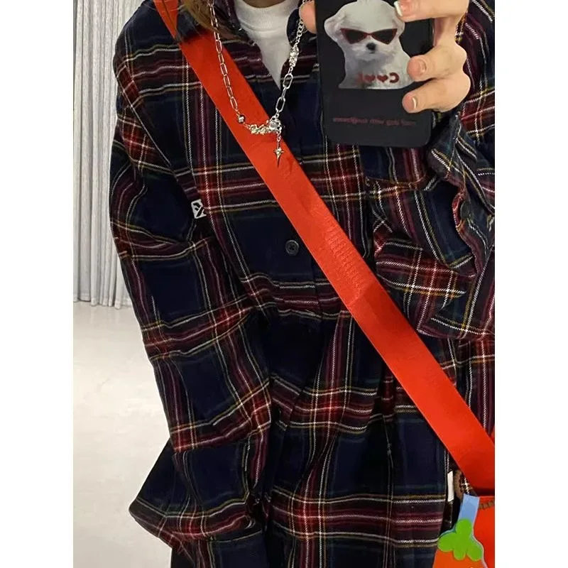 QWEEK Plaid Vintage Oversized Shirt American Retro Youthful Streetwear Preppy Damska bluzka z długim rękawem Odzież jesienna