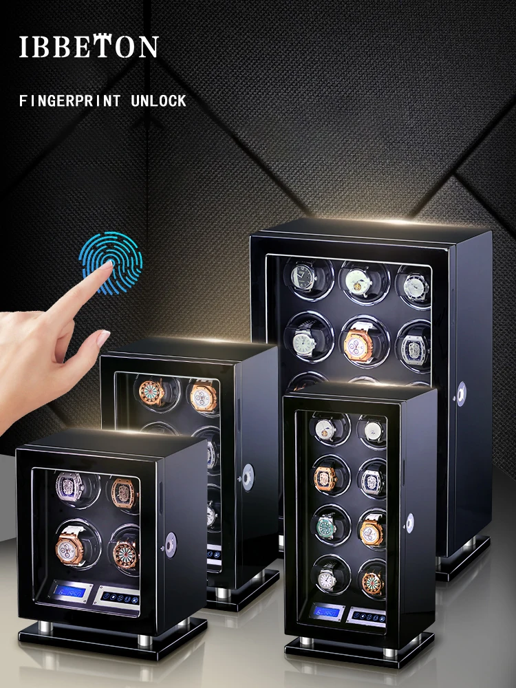 IBBETON Fingerprint Unlock Automatic Watch Winder with 3/4/6/8/9/12 slot Touchscreen Remote Control Mabuchi Motor Watch Safe Box