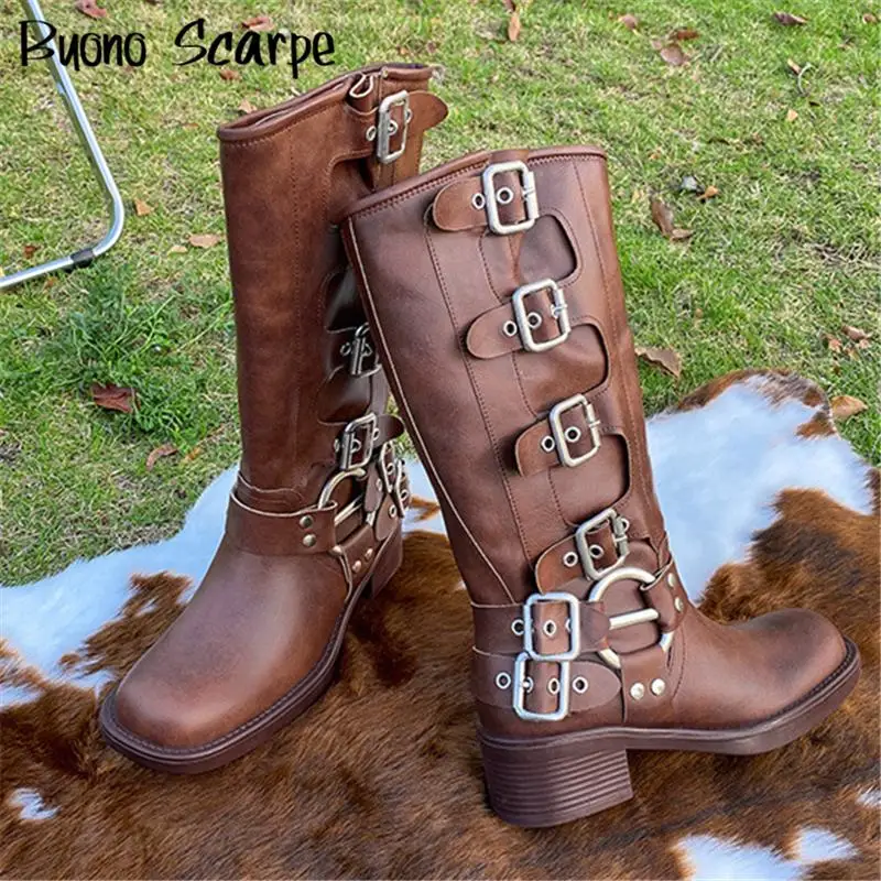 

Retro Cowboy Belt Buckle Round Toe Thick Bottom Knee High Women Boots Large Size High Heel Fashion Western Classic Elegant Shoes