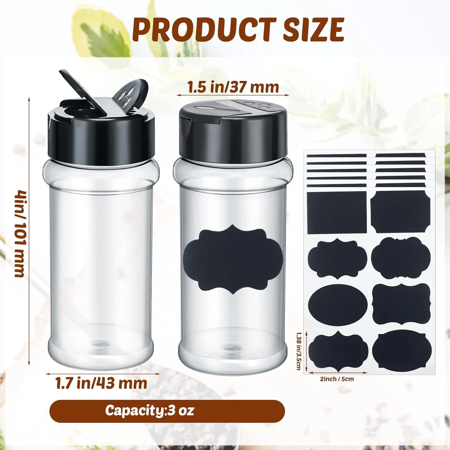 3oz Klare Kunststoff-Gewürzdosen mit schwarzen Streudeckeln, leere Gewürzflaschen mit Deckeln für die Küchenlagerung – Detail 4