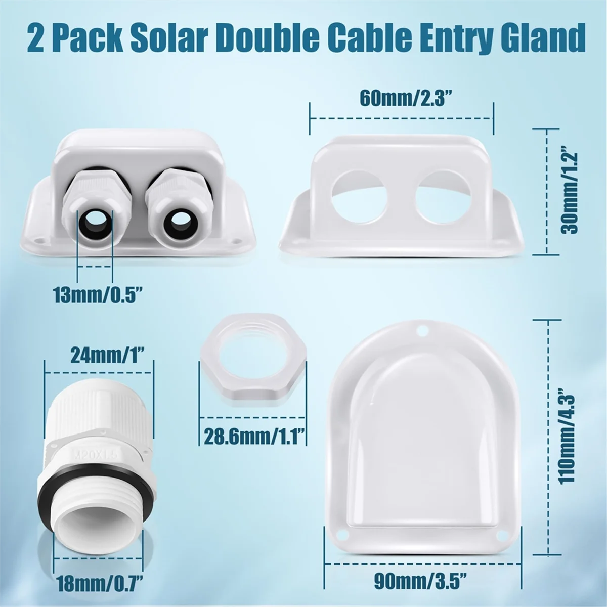 A83Z 2 Pack Solar Cable Entry Gland,Solar Gland, Dual Cable Entry Housing for All Types 3mm² to 10mm² RV,Caravan,Marine White