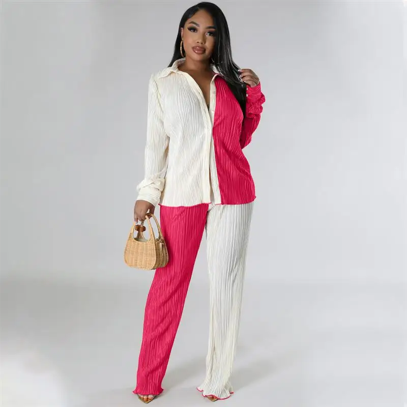 

Langmao Casual Pleated 2 Piece Set Women Fashion Solid 2 Piece Oufti Button Down Shirt Tops Ruched Pants Suit Women Home Sets