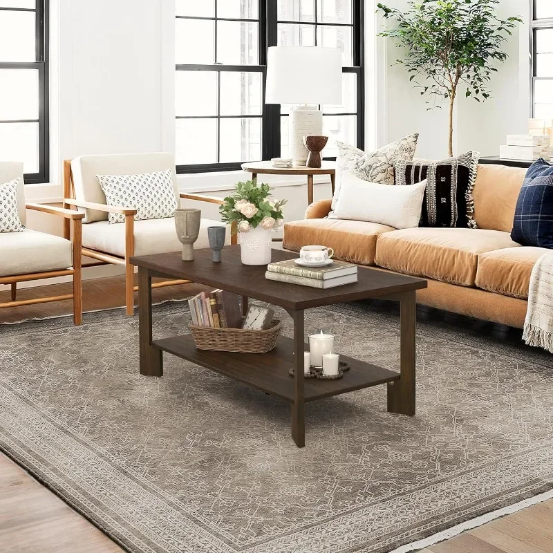 Rectangle Coffee Table, 39" Rectangle Rustic Modern Coffee Table, Sofa Table with 2-Tier Storage Shelf for Living Room