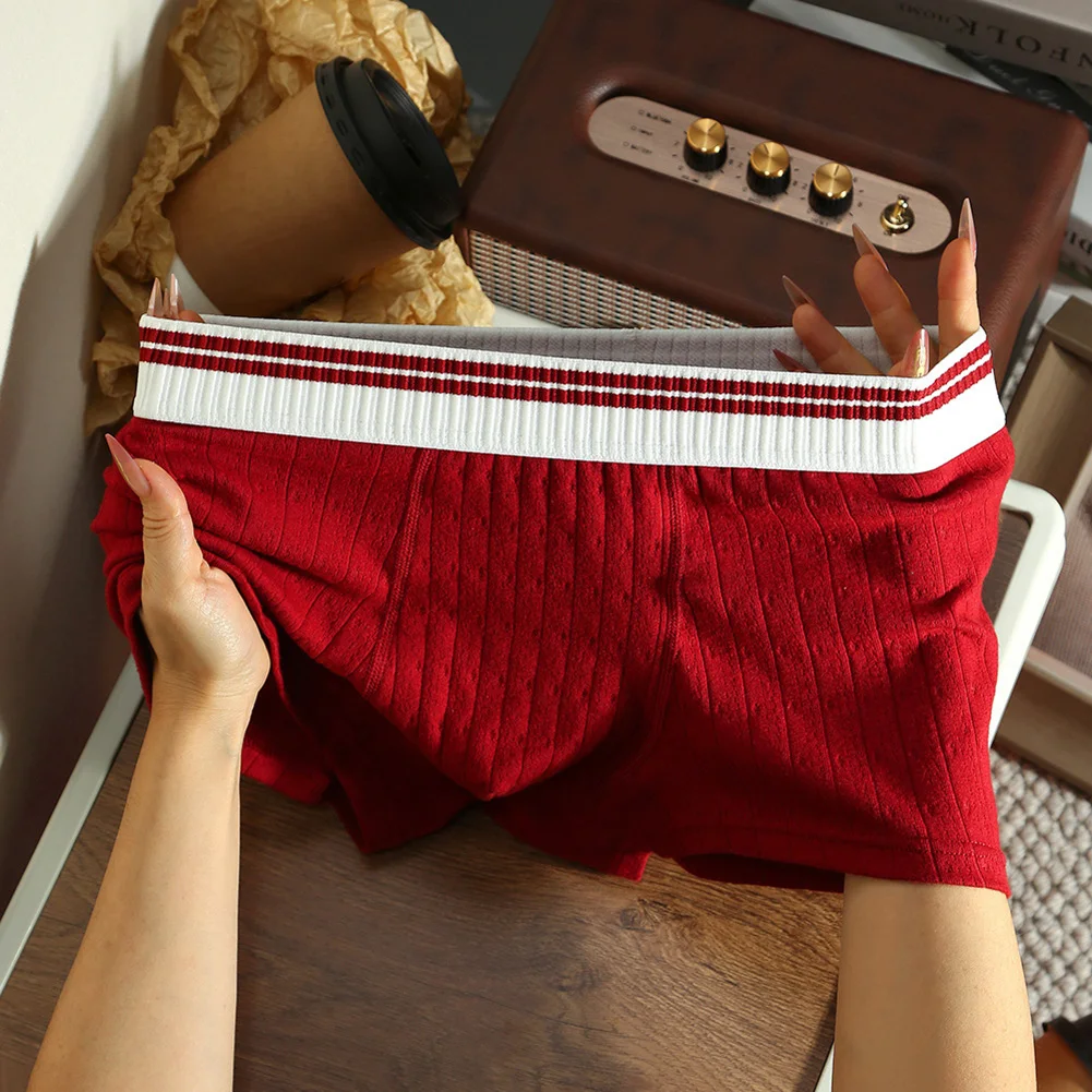 Breathable Boxer Striped Underwear 5 Spandex 95 Cotton Gender Male Solid Color Breathable Design Striped Apricot
