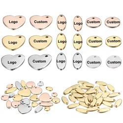100 adet özel lazer oyma LOGO paslanmaz çelik Charm kalp şeklinde yuvarlak Oval boş kolye köpek etiketi DIY takı yapımı için