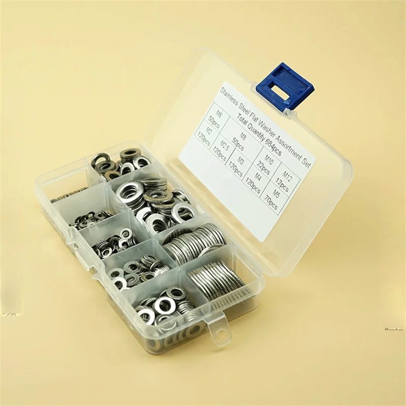 684PCS Aço Inoxidável 304 Anilha Set M2 M2.5 M3 M4 M5 M6 M8 M10 M12 Anilha Junta Kit Sortido