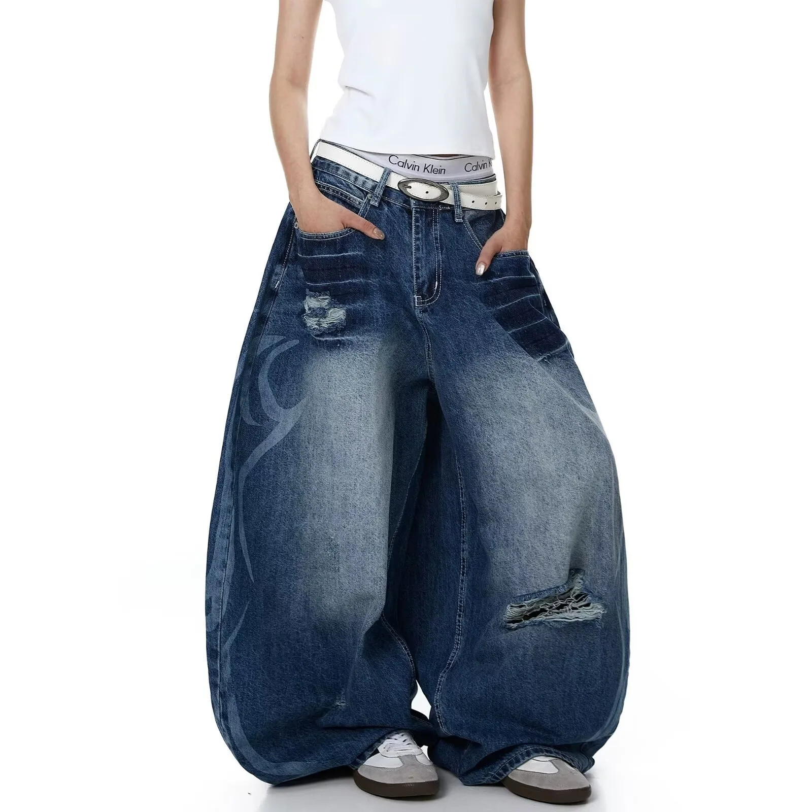 Women's Vintage Curved Leg Jeans Baggy Wide Leg Denim Pants Loose Fit Plus Size Streetwear Fashion Jeans