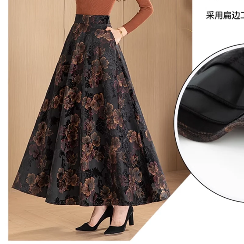 PLUS SZIE Long skirt for middle-aged elderly  2023 New Autumn Winter Vintage Print Elegant Jacquard  A-line Maxi skirts Womens