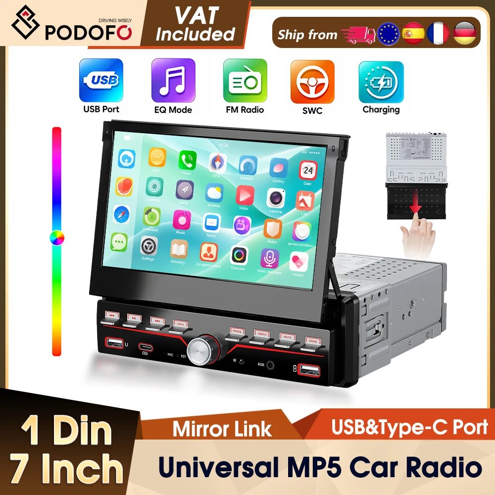 Podofo 7-Zoll 1Din Auto-MP5-Multimedia-Player mit Mirror Link, FM, intelligenten Systemen, BT, EQ, Typ-C, ausfahrbarem IPS-Bildschirm, Autoradio-Stereoanlage