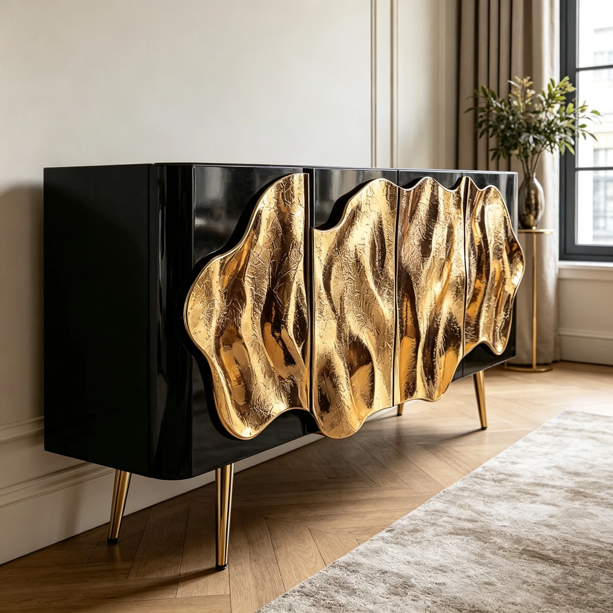 M*-Gloss Black Fiberglass Low Sideboard 4 Door Wavy Hammered Gold Panels Slender Gold Metal Luxury Living Room