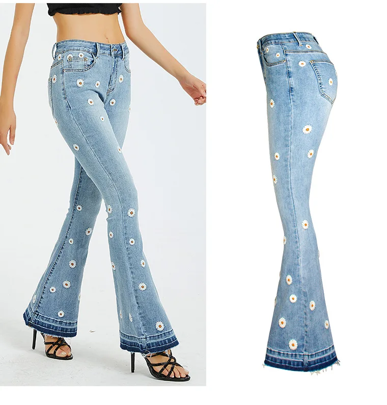 Women Jeans Flare Pants Embroidery Boot Cut Stretch Mid Waist Pockets Distressed Washed Denims Trousers Vintage Streetwear