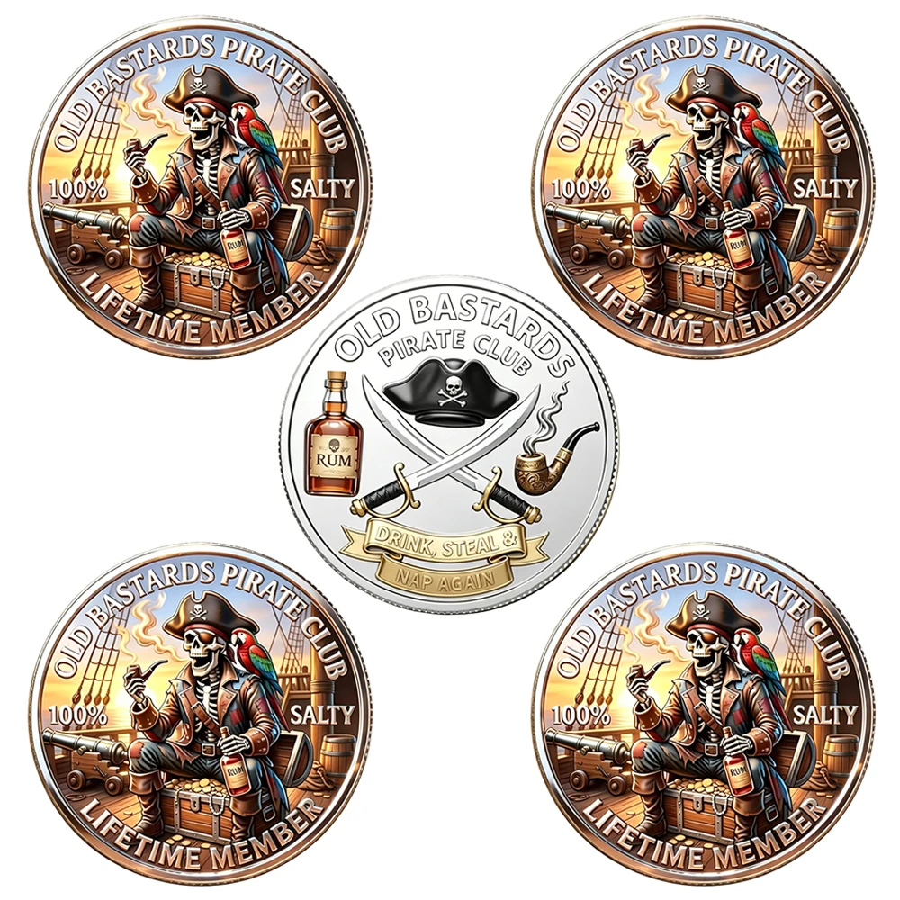 5pcs Old Bastards Pirate Club Challenge Coins Funny Skeleton Pirate Lifetime Member Commemorative Coin Gift for for Pirate Lover