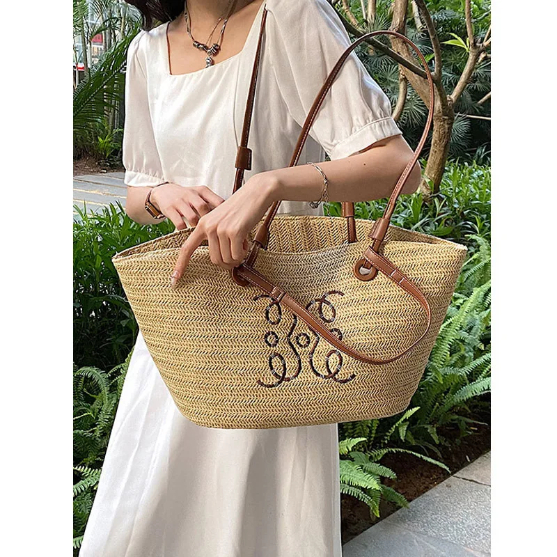 Handheld Straw Woven Bag, Woven Bag for Women, Large Capacity Summer Vacation Travel Bucket Bag, Commuting Tote Bag, Shopper Bag