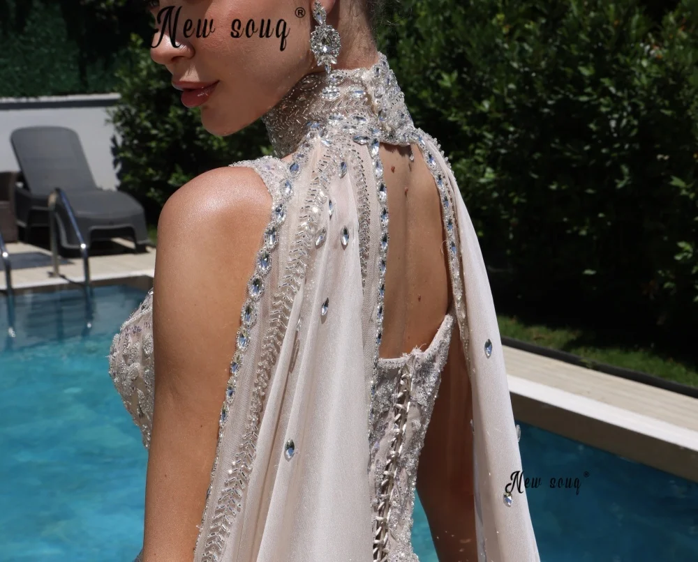 Two Pieces Beading Applique Wedding Dress With Long Cape Sleeves Customized Dubai Crystals Bridal Gowns A Line Puffy Princess - view 3
