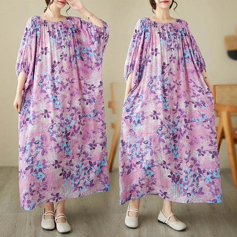 

Large Size Cotton Linen Print Long Dress Loose Slimming Beach Vacation Style Robe Dress Women's plus Size Clothing Summer