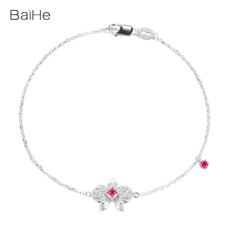 BAIHE Solid 18k White Gold Pink Sapphirs Diamond Bowknot Bracelet Women Trendy Wedding Fine Jewelry pulseras браслеты браслет