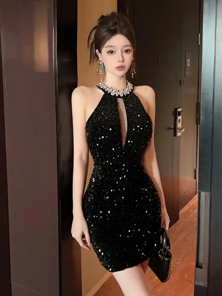 Woman Dress Sleeveless Rhinestone Sequins Hollow Out Halter Elegant Sexy Mini Dresses Slim Party Clubwear Ladies