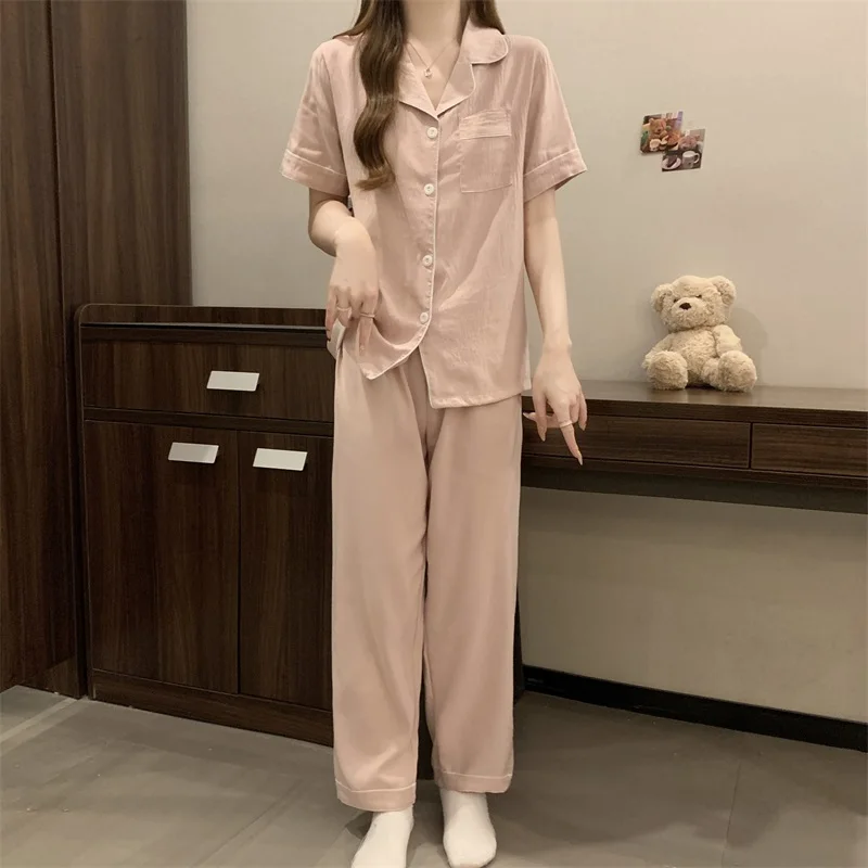 DAIMELU Short-sleeved trousers pajamas women's summer woven cotton lady sleepwear simple nighty thin loungewear girl nightwear