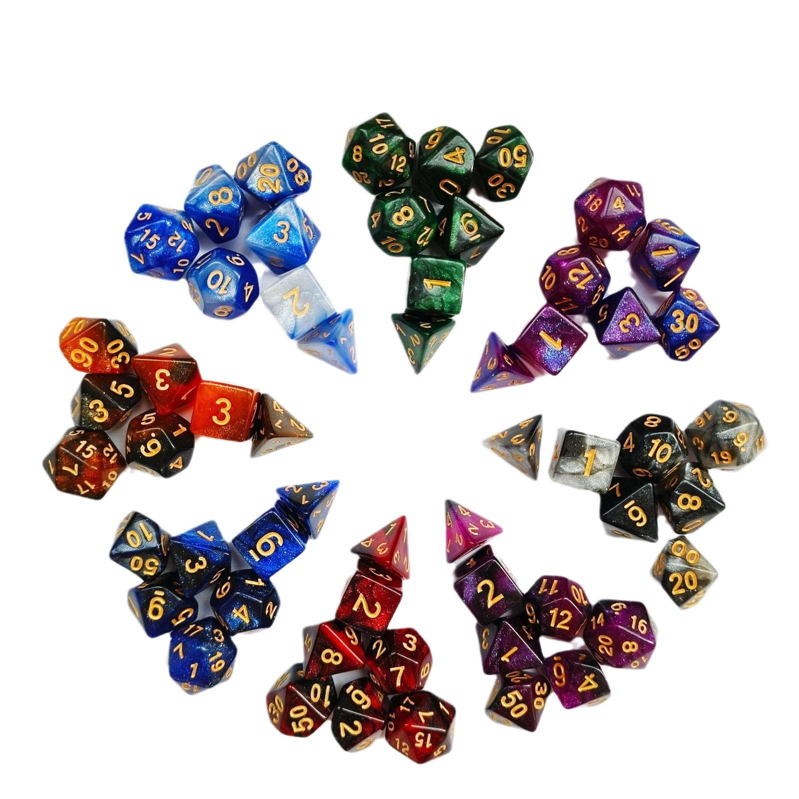 

Mixed Color Glitter Dnd Dice Polyhedron Dice Set 7-Piece D4 D6 D8 D10 D10% D12 D20 For Rpg Role Playing Game Math Teaching