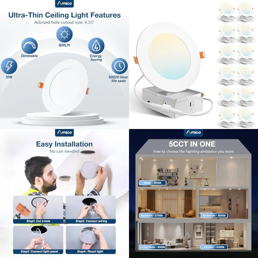 2 Pack 4 Inch 5CCT Ultra-Thin LED Recessed Dimmable Ceiling Light with Junction Box, 2700K/3000K/3500K/4000K/5000K Selectable,