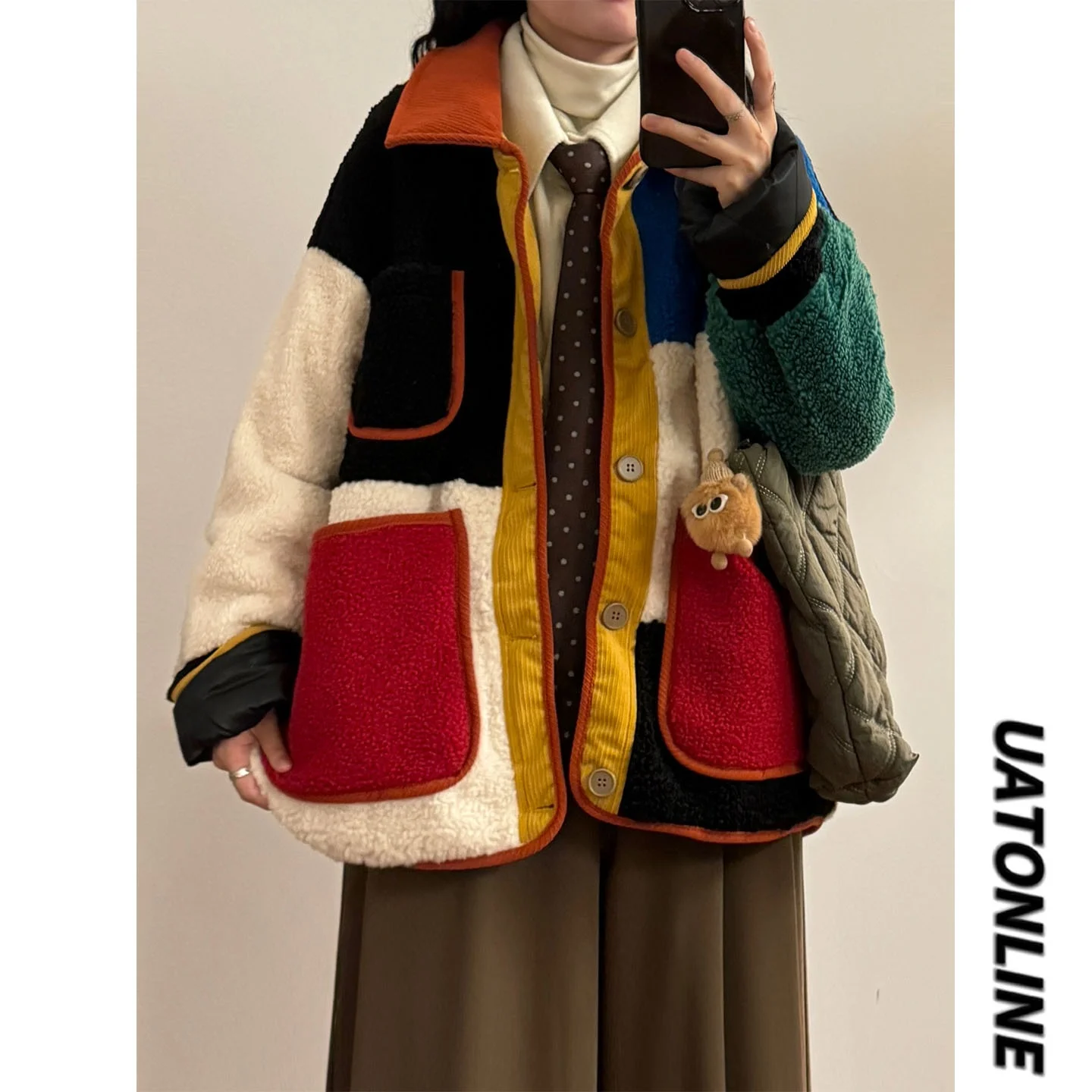 

UATONLINE Winter Thiened Warm Casual Lamb Fur Cotton Jaet Coat Street Sle Loose Fit Collar Long Sve Single Button