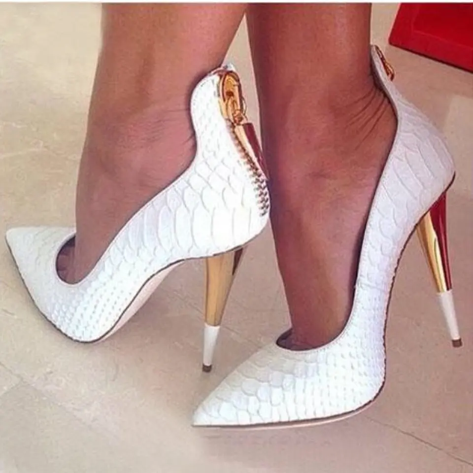 

Sexy Style White Pointed Toe Women Pumps Shoes Stileto High Heels Back Zipper Design Large Size Fashion Show Shoes