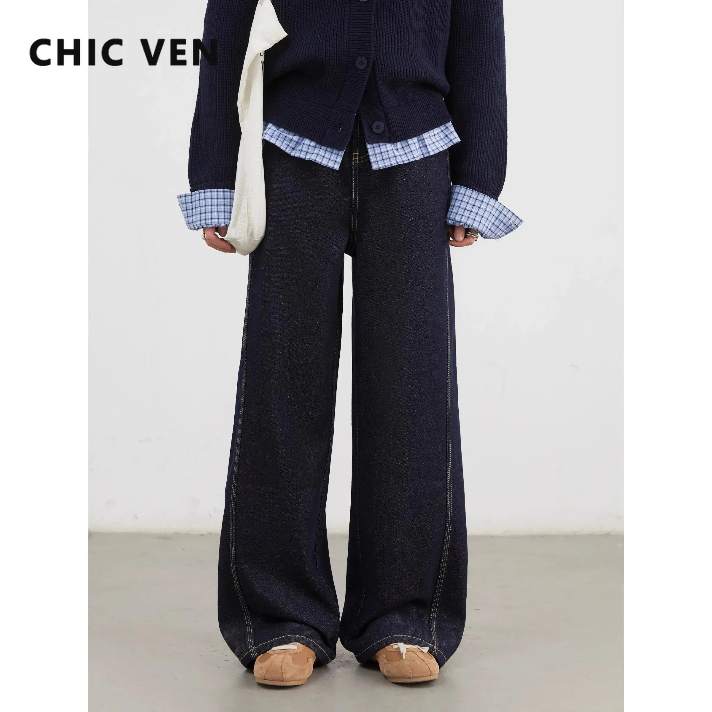 CHIC VEN Women Denim Pants Loose Casual High Waisted Straight Leg Jeans Female Wide Leg Trousers Oversize Autumn Winter 2024