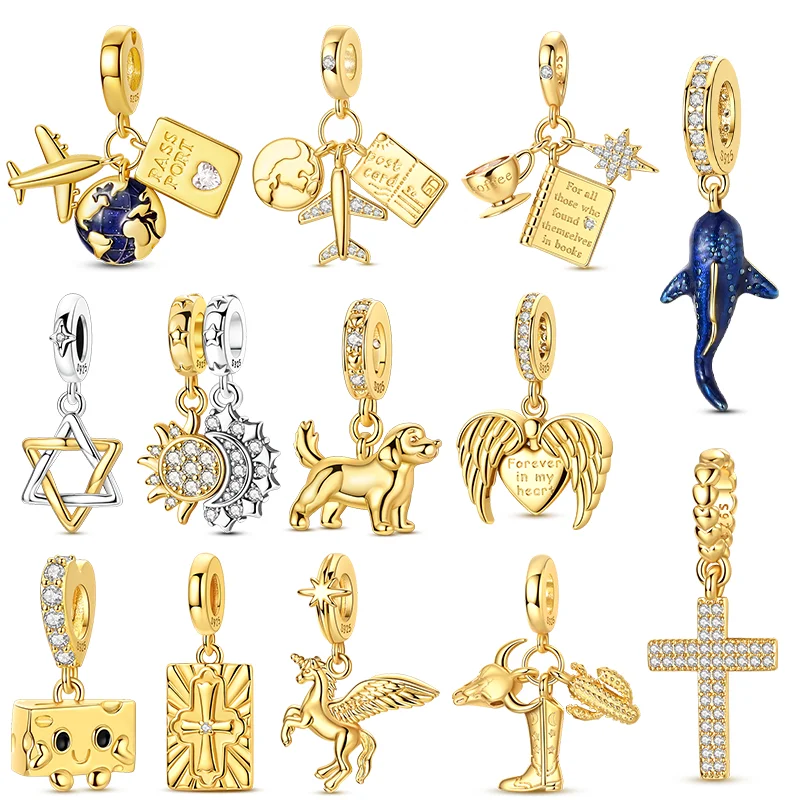 Nuevas cuentas originales de plata 925 con forma de perro, unicornio, queso, Cruz, sol, colgantes para pulsera, mujer y niña, joyería fina DIY, regalo