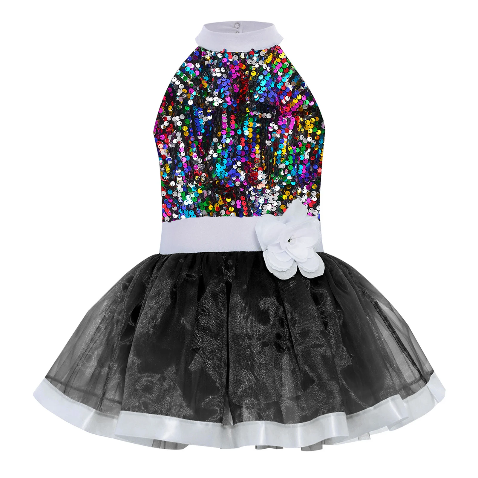 Sukienka baletowa dla dziewczynek z cekinami, kokardą i wszytymi majtkami, idealna na występy sceniczne.