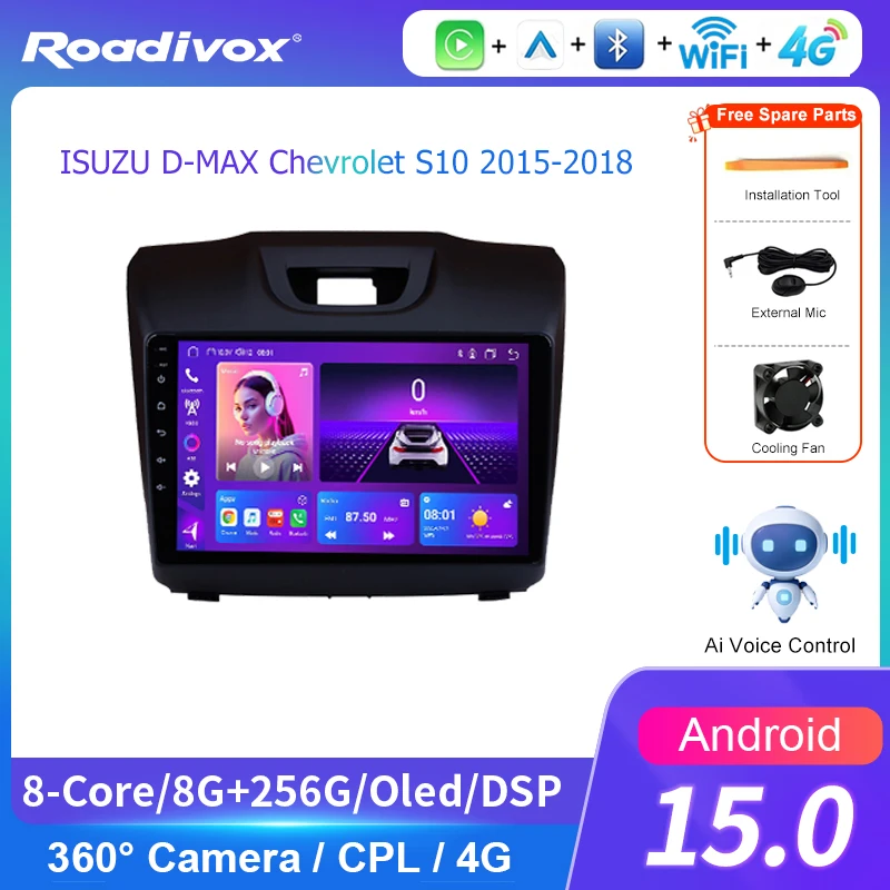 AI VOICE roadivox Android Car Radio for ISUZU D-MAX Chevrolet S10 2015-2018 GPS Navigation Video Stereo Screen Multimedia
