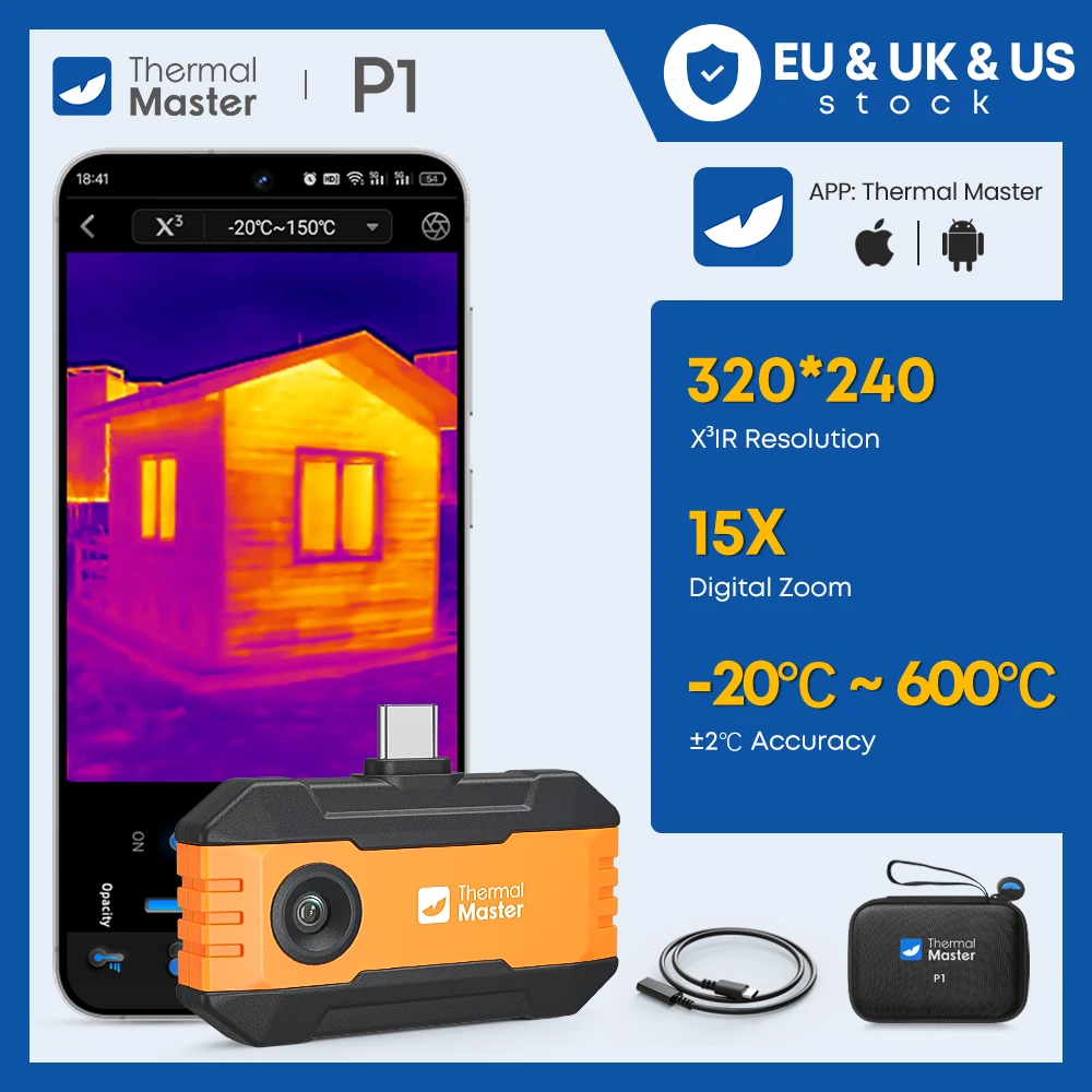 P1 Wärmebildkamera 320*240 X3IR Auflösung ±2 ℃   Genauigkeit 25 Hz Rahmenrate für iPhone und Android Smartphone 600 ℃   HVAC-Inspektion