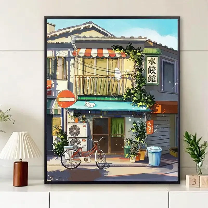 DIY Paint By Numbers Cartoon Landscape Tradition Japan Building Animation Digital Oil Painting for Adult and Kids