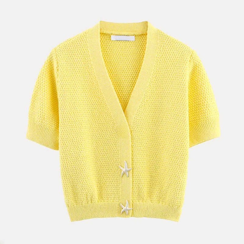 Sommer 2025, gestrickte Jaet-Stern-Knopf-Design, offene Strickjacke aus Polyesterfaser, modische Oberbekleidung