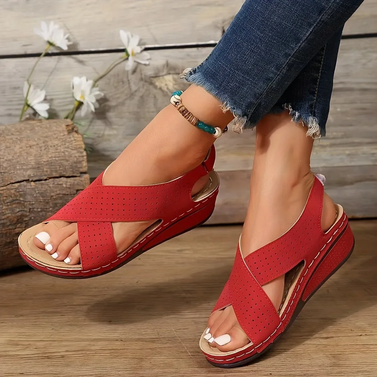 Hollow cross with platform sandals women's cross-border Velcro solid color light slope heel beach sandals