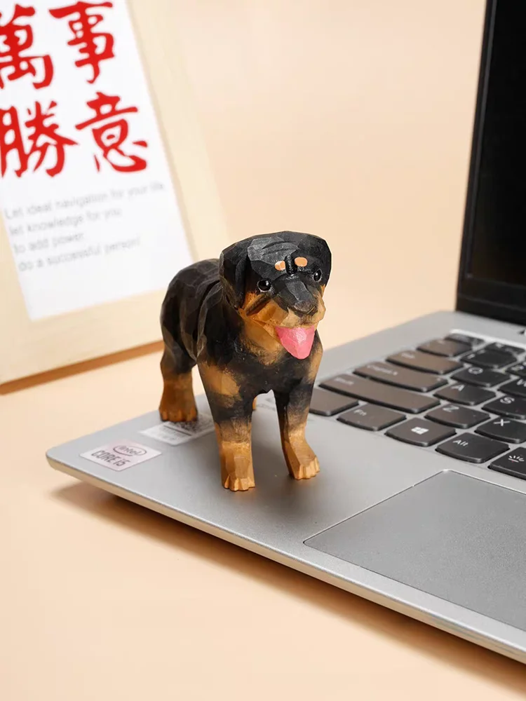 Handmade wood carving puppy ornaments desktop decoration solid wood rottweiler dog crafts