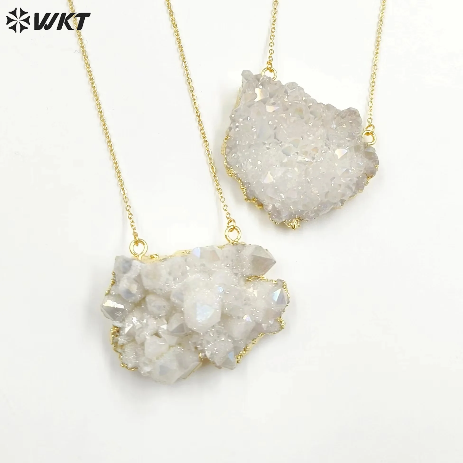 WT-N1440 Amazing Big Cluster Natural Aura Quartz Stone Necklace Double Loops 18k Gold Plated Colorful Jewelry For Ladies Gift