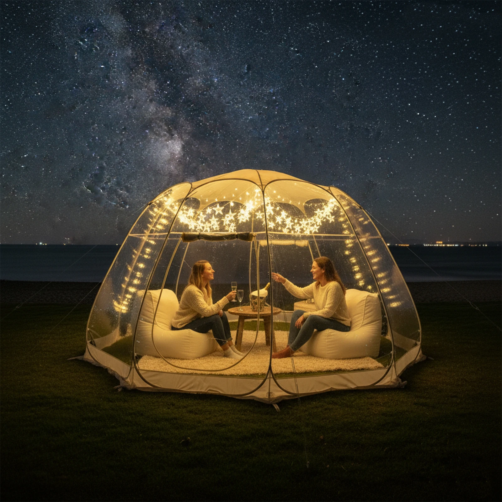 Quick-Set Bubble Tent Camping Pod Windproof Cold-Resistant PVC Outdoor Shelter String Lights Included for Nighttime Ambiance