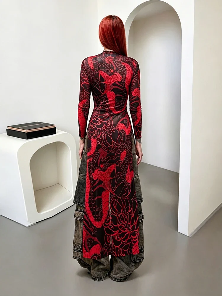 See Through Blouse Women Snake Print Half-High Neck Long Sleeves High Slits High Elasticity Street Skinny Trend Long Tops