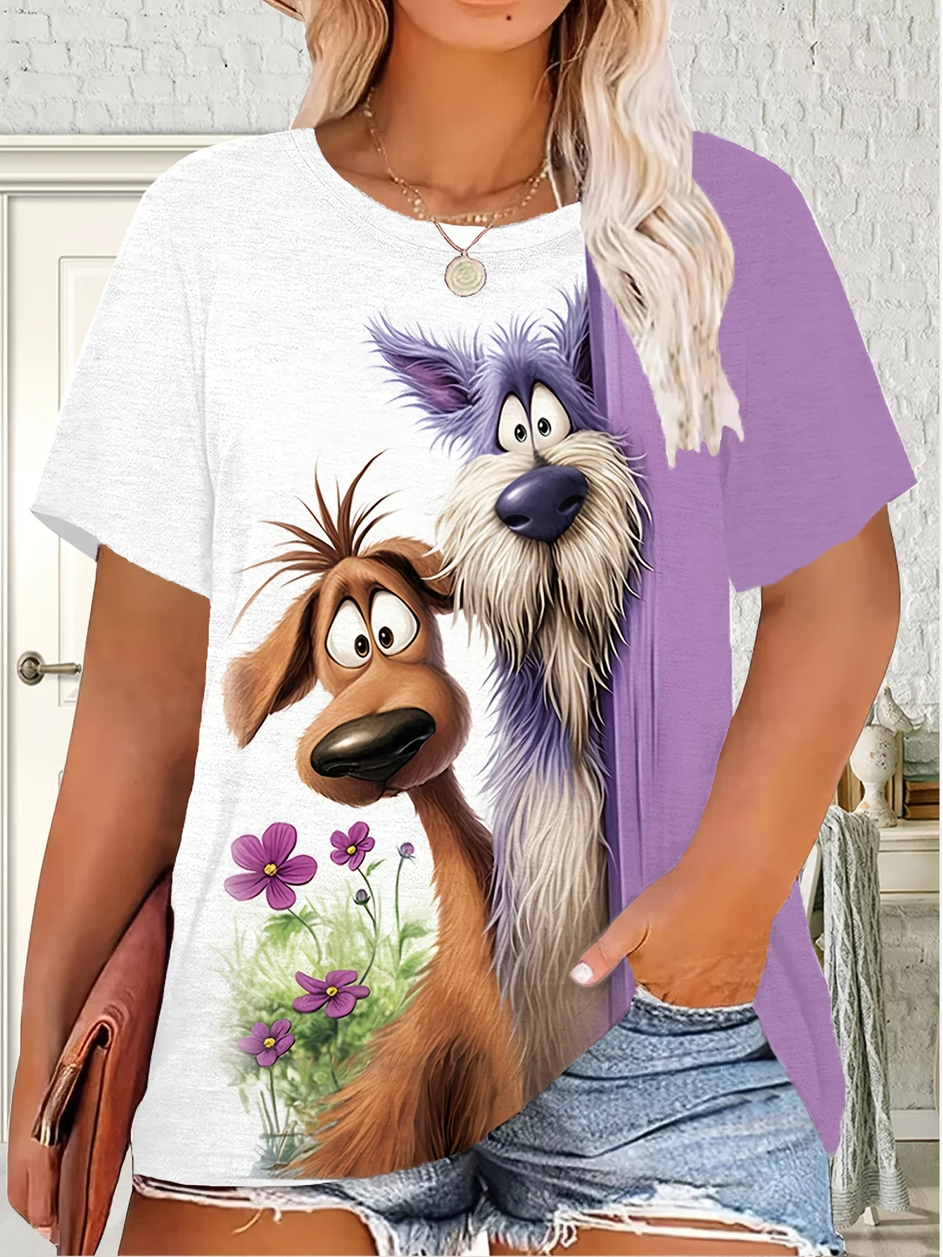 Women Crew Neck Short Sleeve T-shirt Cartoon Two Dogs Purple Floral Color Block Casual Summer Daily Top