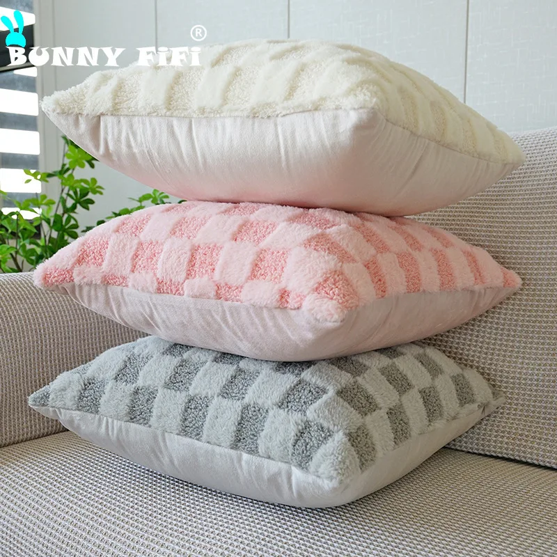 Teddy Rabbit Hair Jacquard Plaid Luxury Ultra Soft Pillow Cover 45x45cm Decorative Pillow for Sofa Bedroom Living Room