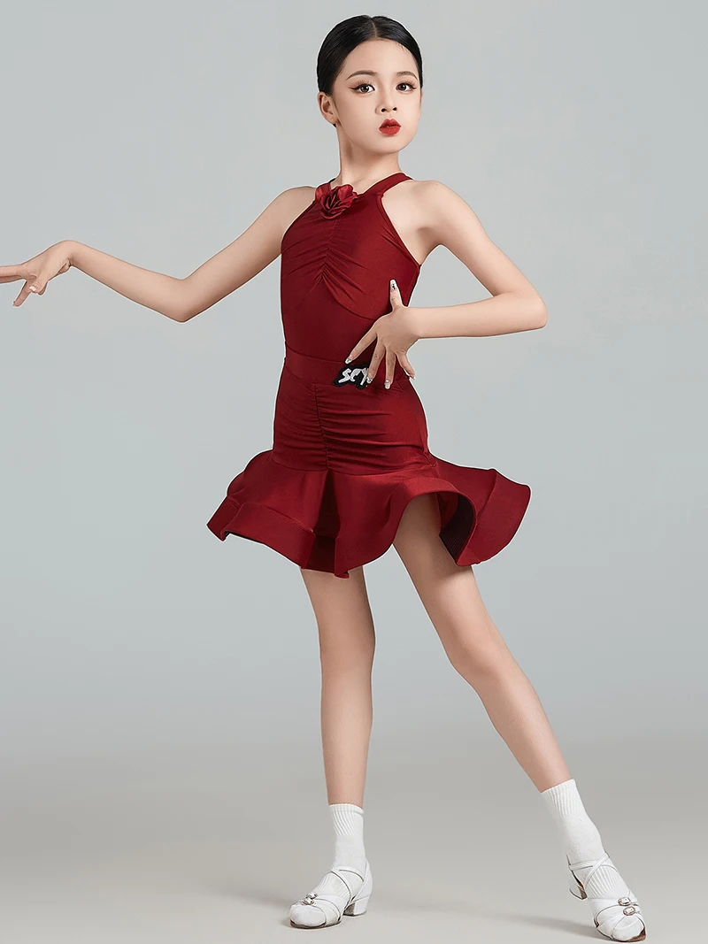 Kids Girls Latin Dance 3D Flower Sleeveless Backless Bodysuit and Skirt Rumba Dancewear Training Ballroom Competition Costumes