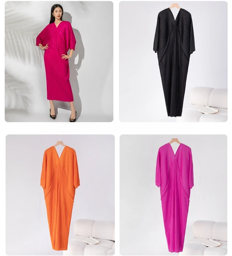 

Плиссированное платье Miyake, новая мода, большой размер, с рукавами «летучая мышь», с v-образным вырезом, темпераментное, с рукавами семь минут, одношаговое длинное женское платье