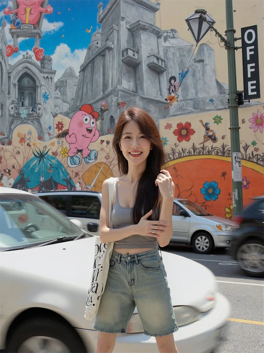 Pantaloncini da donna a vita alta vestibilità ampia streetwear Fine SLilo Culottes per bambini Personalità Colore giorno Costruisci rivettati