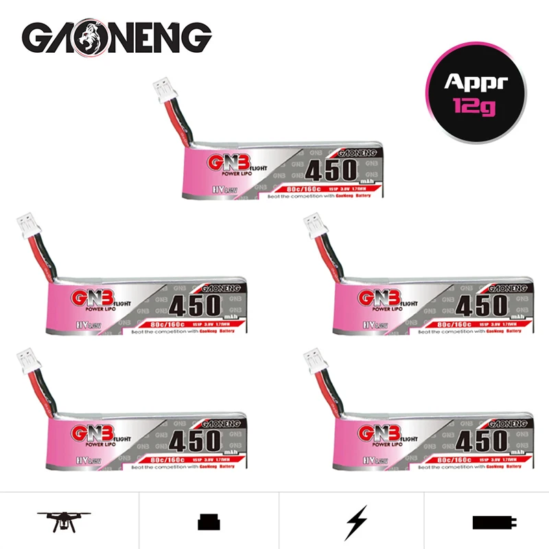 GNB 1S 3.8V HV 4.35V 450mAh LiPo Bateria 80C/160C z wtyczką PH2.0 do RC FPV Drone M80S Tiny7 Beta75S Emax Tinyhawk Snapper7