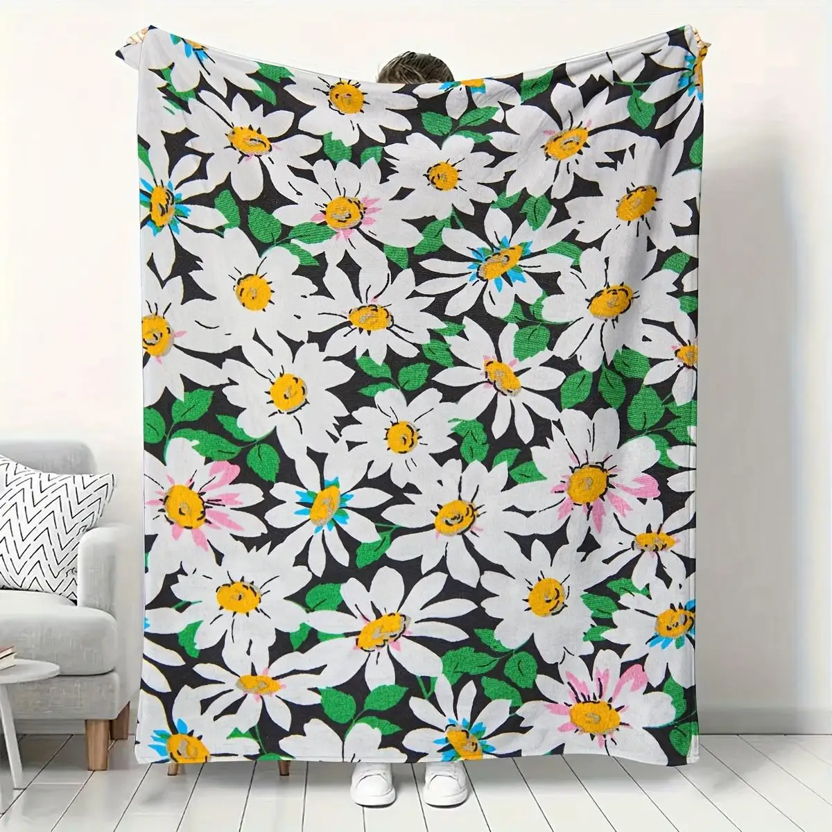 

1 шт. одеяло с принтом белой ромашки, полиэфирная ткань, можно стирать в машине, подходит для украшения спальни и гостиной.